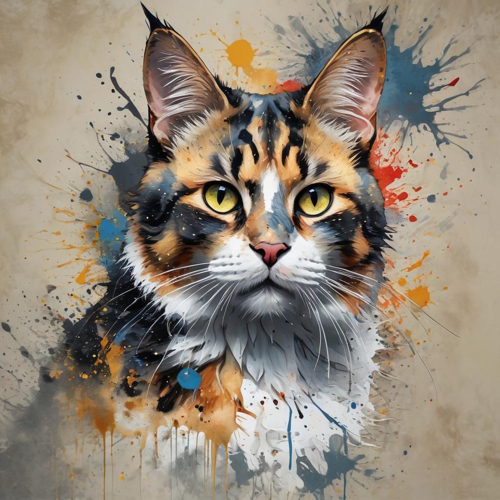 Portrait of a calico cat in ink splatter art
