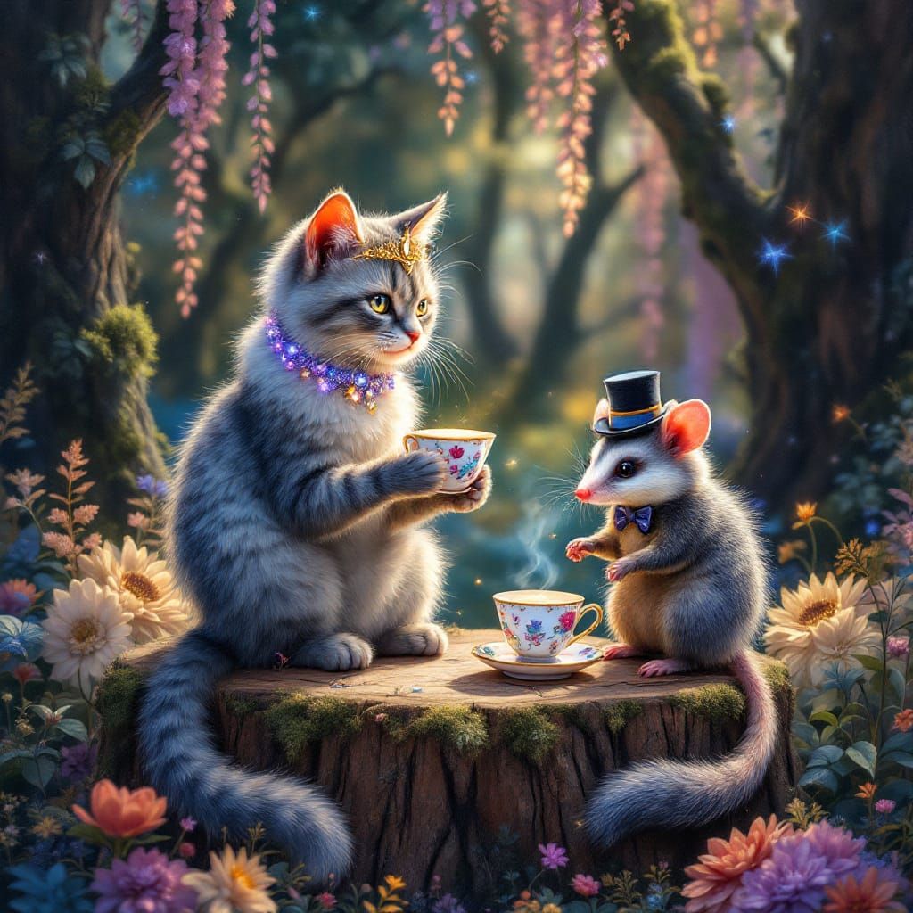 Cosmic forest cat having tea with a possum