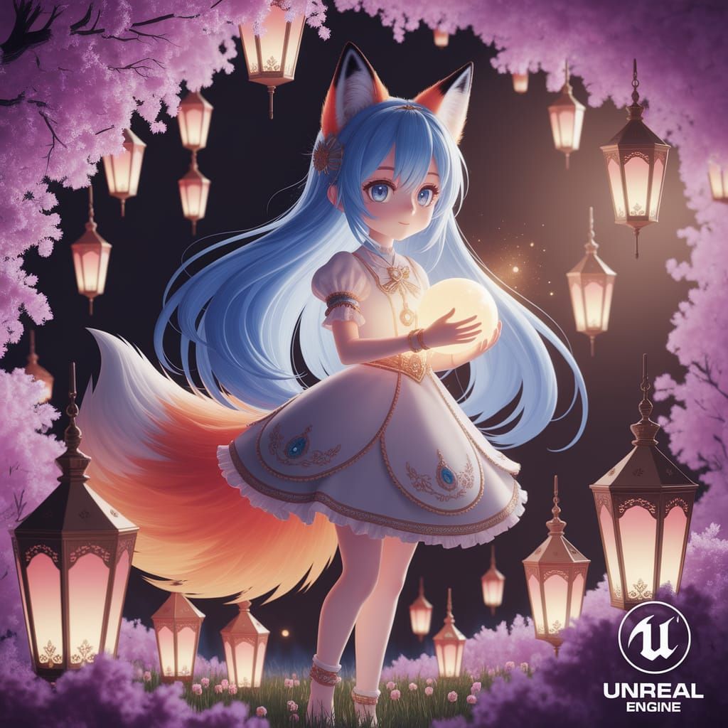 Anime Fox Girl in Lantern Field, Art Nouveau Style