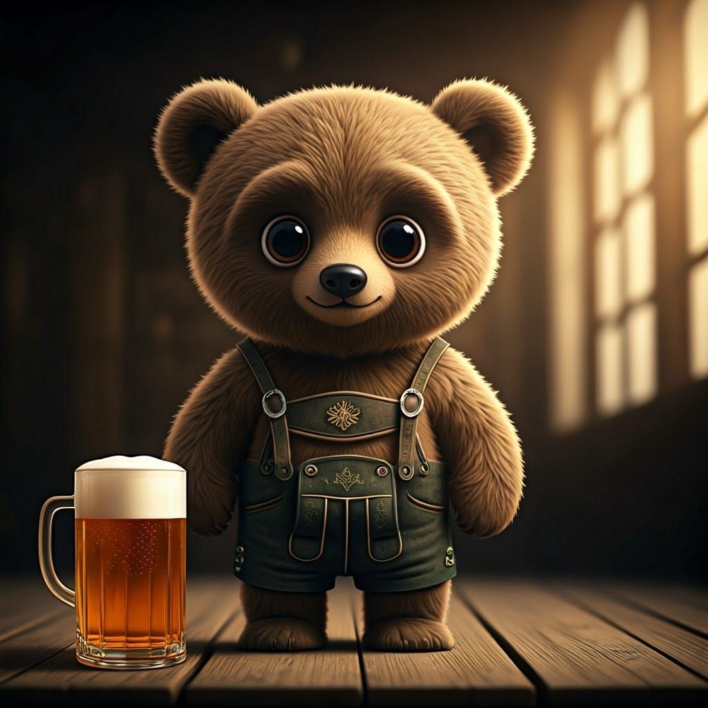 Bear in Lederhosen with Beer: Cinematic Film Still