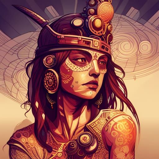 Steampunk Aztec Warrior with Golden Outlines