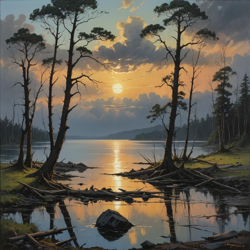Peaceful Lake After Storm: An Oil Painting