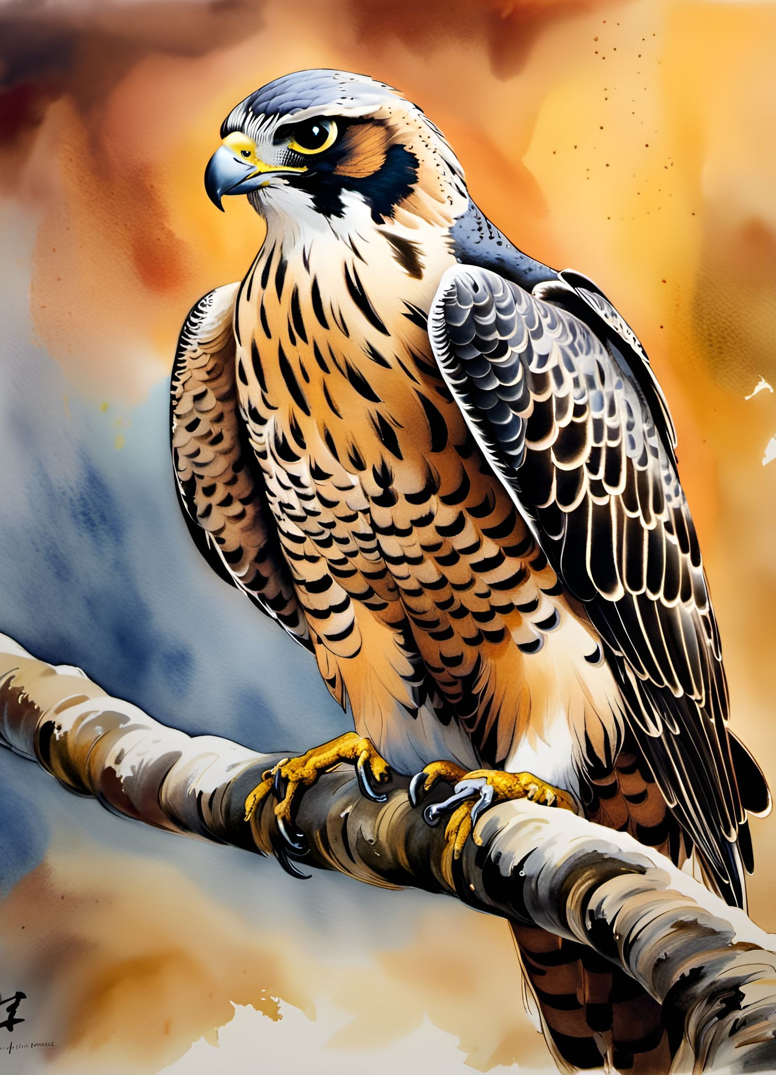 Falcon in Chinese Ink Painting Style