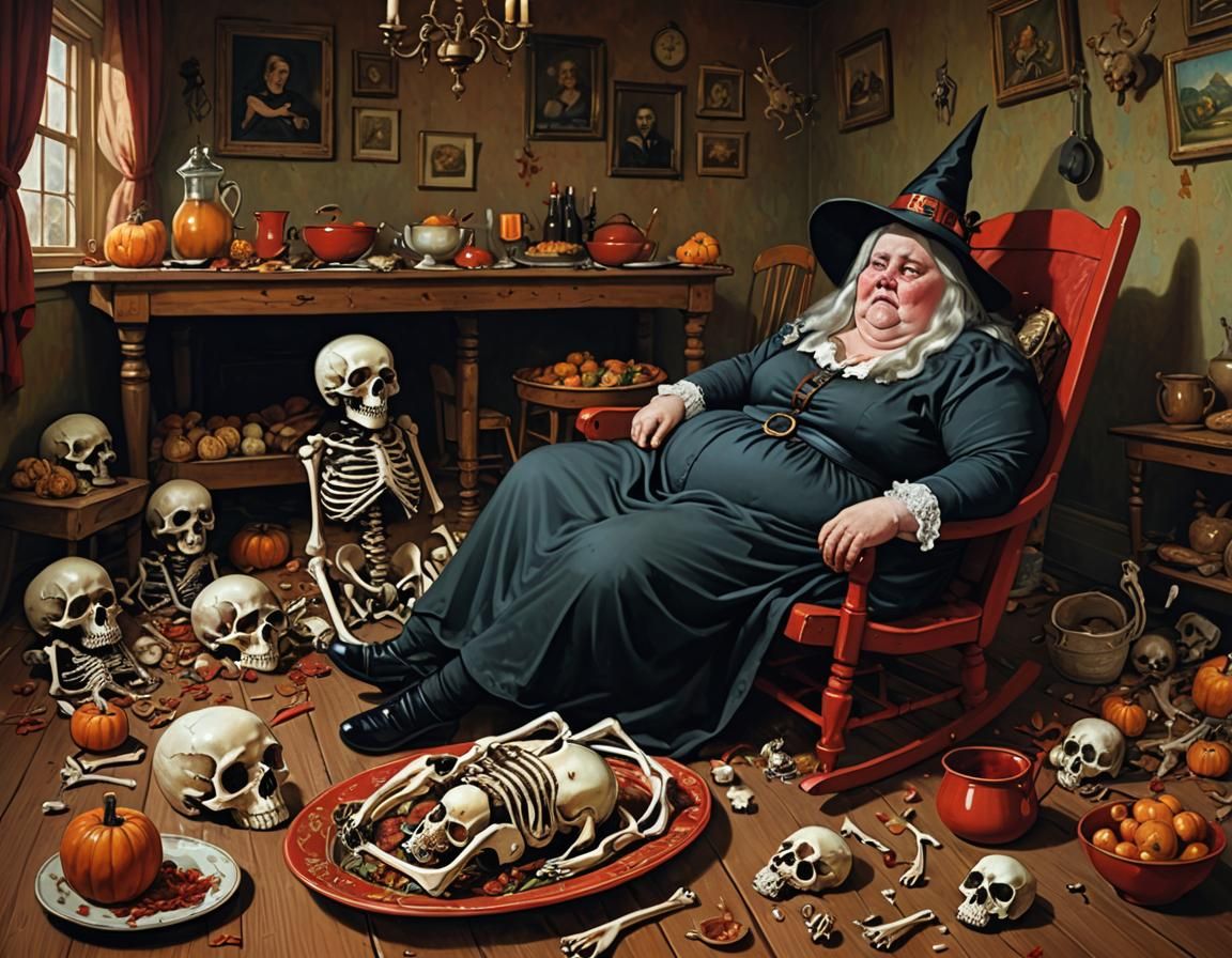 Overweight Witch with Bones: A Digital Art Masterpiece