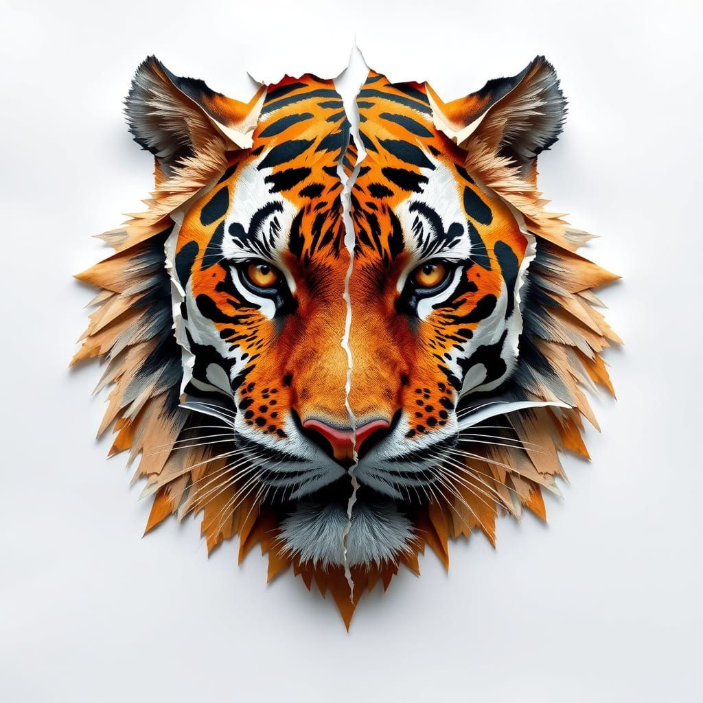 Majestic Tiger Emerge from Torn Paper Textures in Hyper-Real...