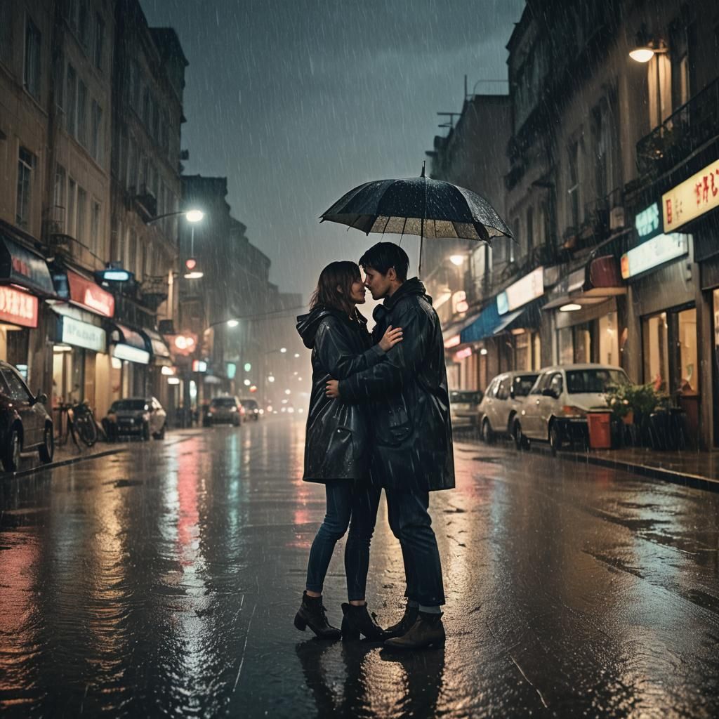 Estranged Lovers Reunited on a Rainy Night: Cinematic Still