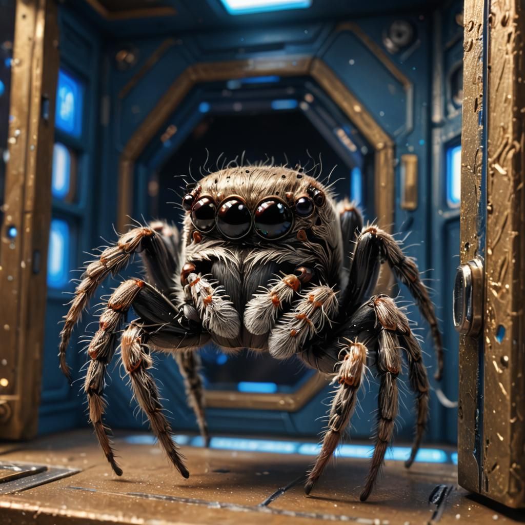 Cute jumping spider inside the TARDIS. Hyperrealistic,  conc...