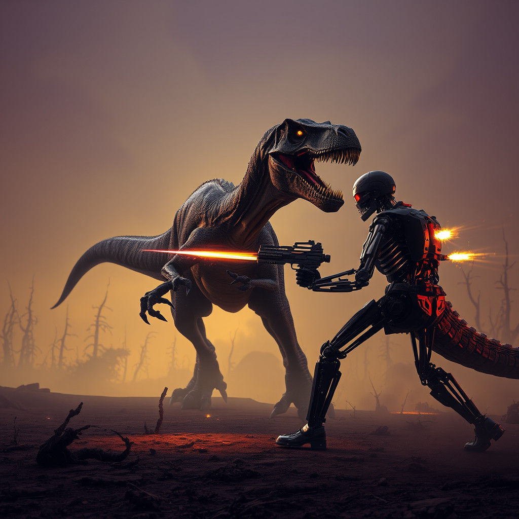 Epic Battle: Velociraptor vs. Terminator in Wasteland