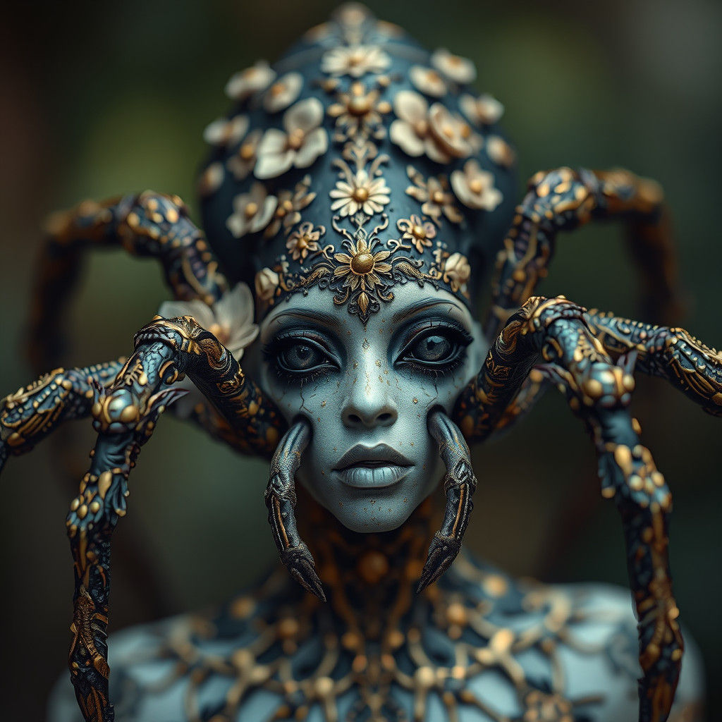 Intricate Human-Spider Figure with Golden Floral Accents