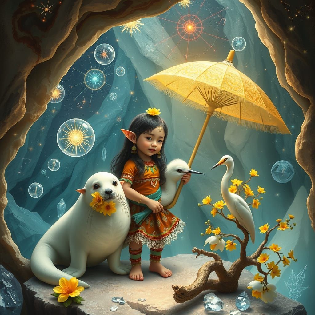 Celestial Geode Cave with Elf Child, Digital Art