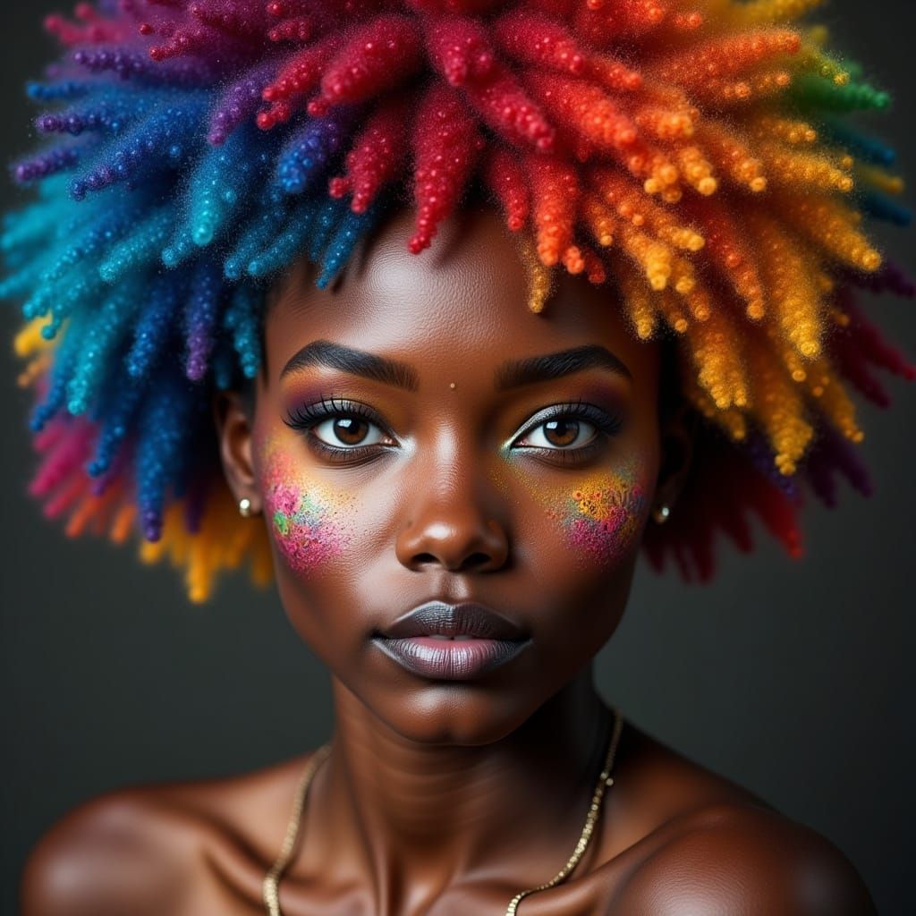 Hyperreal Portrait: Woman with Multicolored Afro