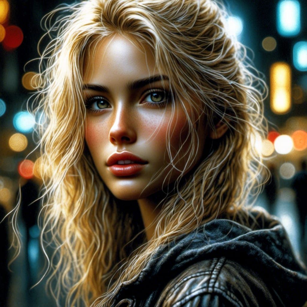 Hyperrealistic Woman in Cityscape, Luis Royo Style