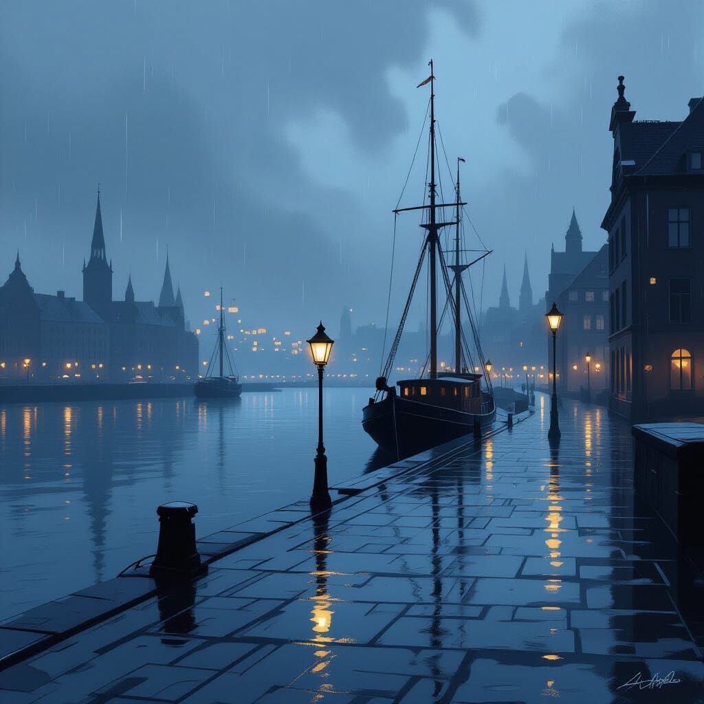 Gloomy Seaport at Evening in Digital Painting Style