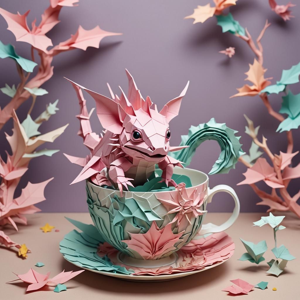 Axolotl Dragon Transformation in Origami Papercraft Style