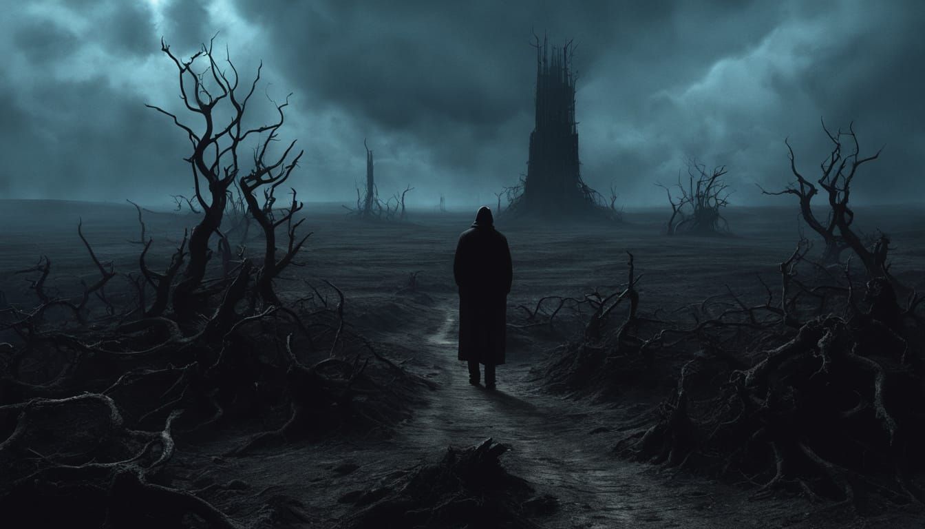 Eerie Desolate Landscape with Skeletal Structures in Surreal...