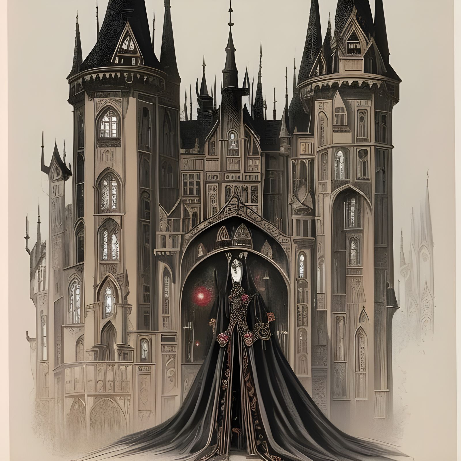 Vampire and Gothic Castle in Storybook Illustration Style