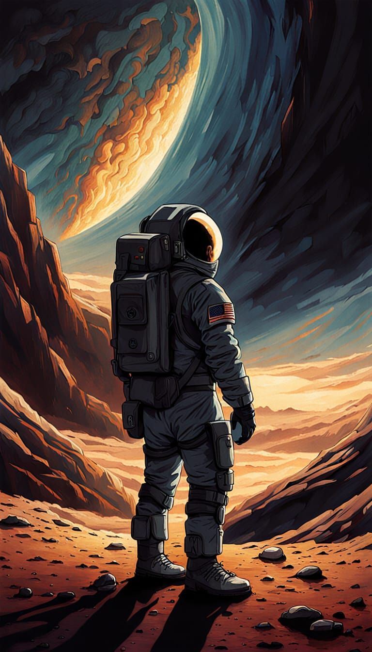 Astronaut on a Desolate Alien Planet, Gazing at a Swirling N...