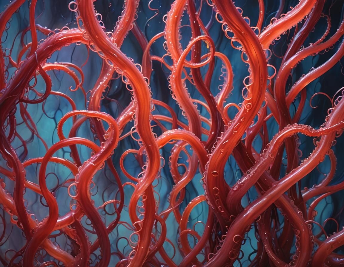 Bioluminescent Red Tentacles in Surreal Oil Painting
