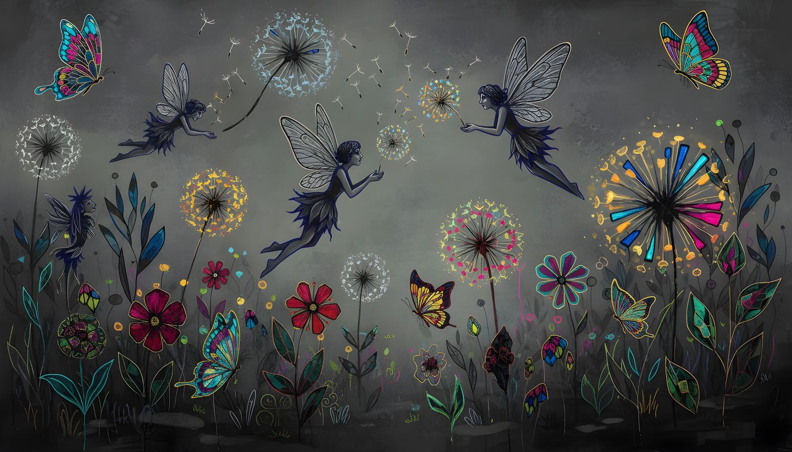 Winged Fairies in Dandelion Dreamscape, Fine Art