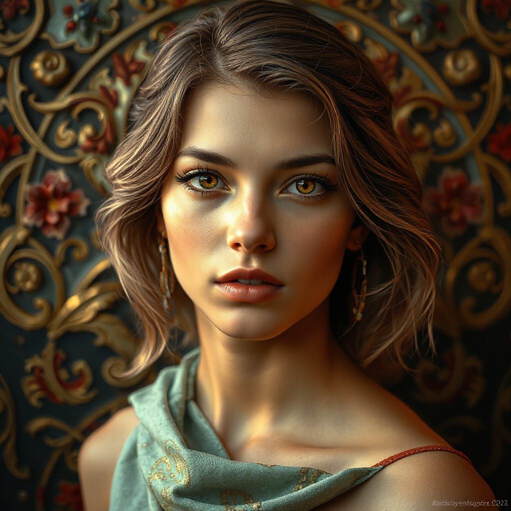 Woman in Art Nouveau Style with Glowing Golden Eyes