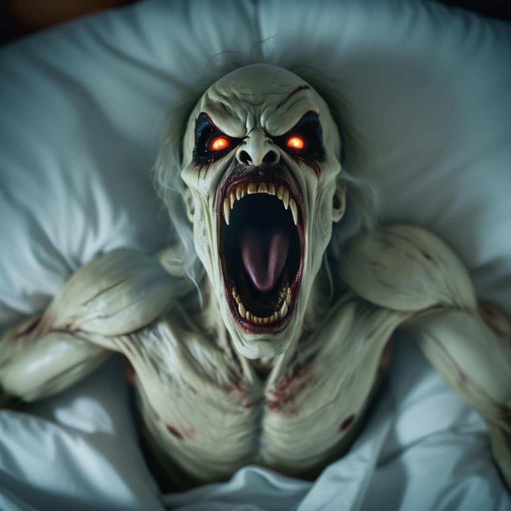Horrifying Sleep Paralysis Demon in Bedroom: Photo-realistic