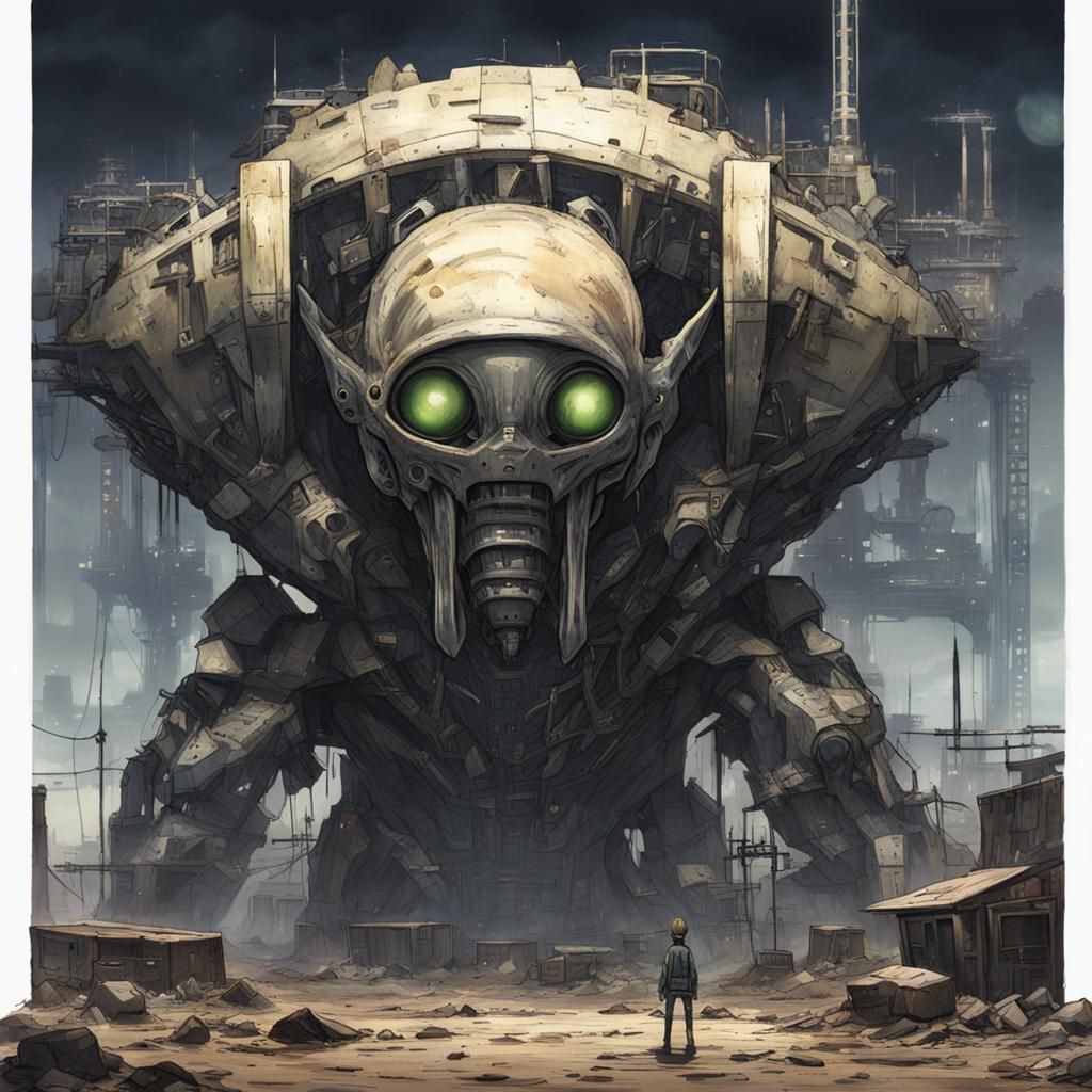 Anime Alien in Ruined Sci-Fi Cityscape