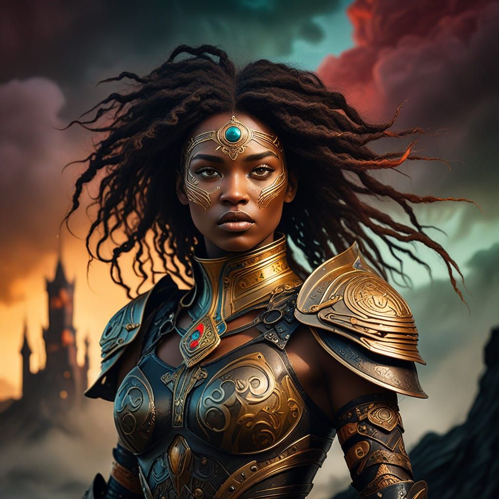 Dark Warrior in Art Nouveau-Inspired Fantasy Landscape