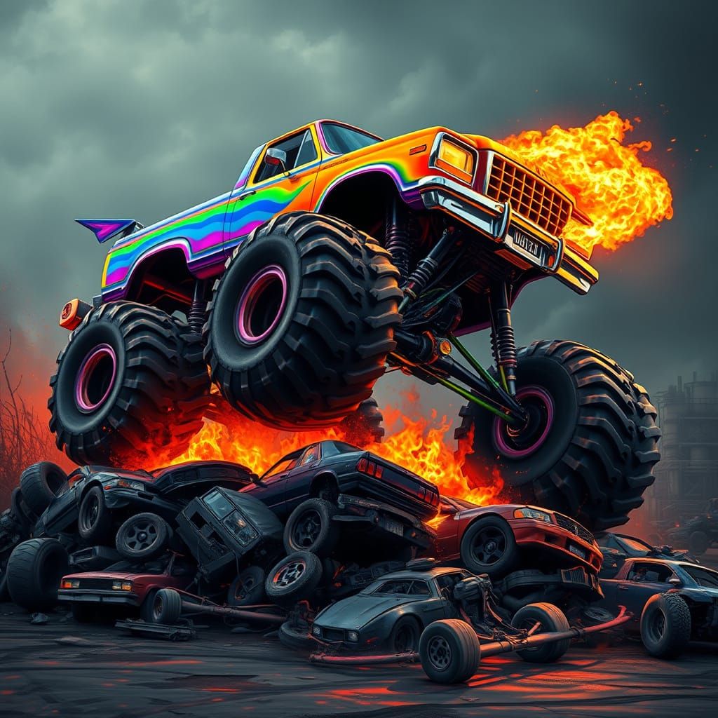 Rainbow Monster Truck Performs Death-Defying Wheelie Over Bu...