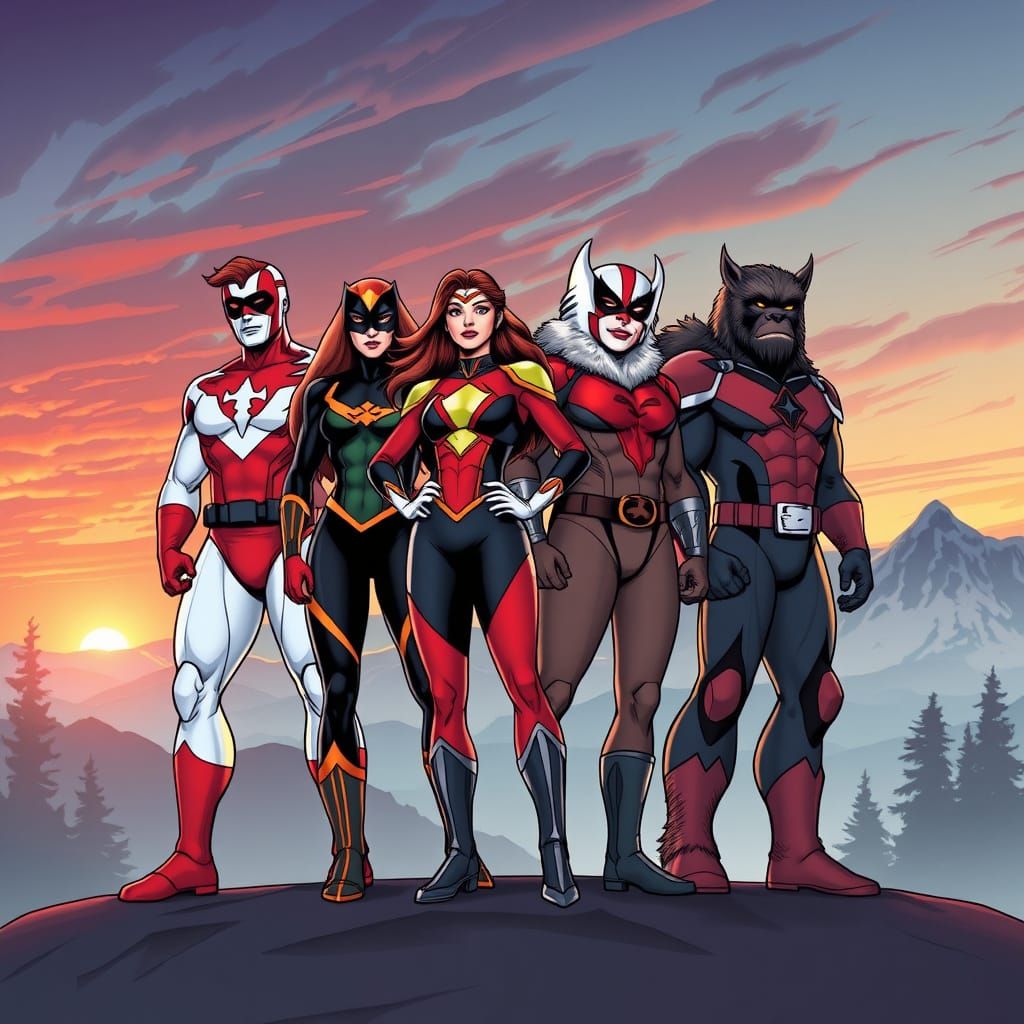 Canadian Superheroes in Epic Sunset Mountain Range