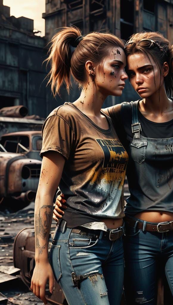 Lesbian Couple in Dystopian Setting, Cinematic 3D Render