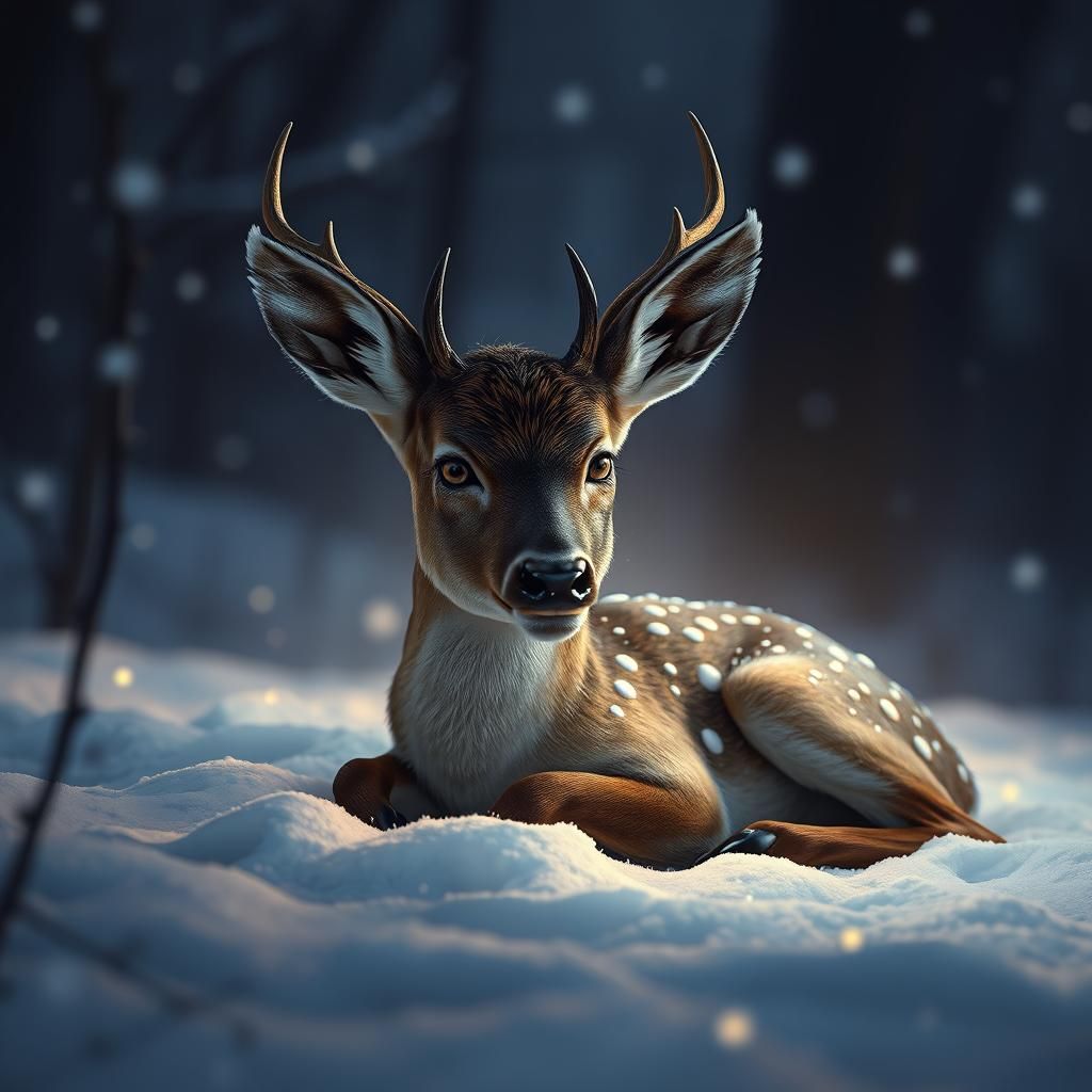 Glowing-Eyed Baby Deer in Snowy Fantasy Landscape
