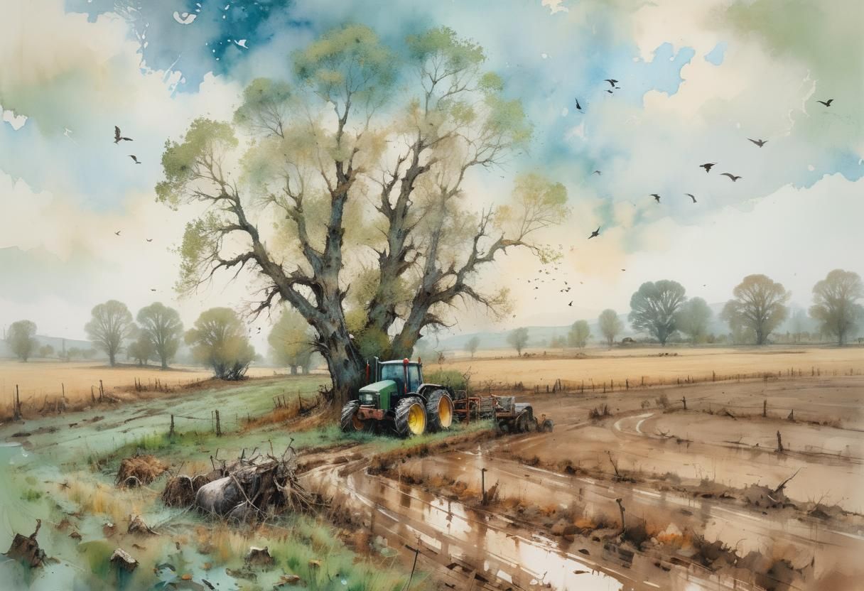 Tractor in Field: Romantic Landscape Painting