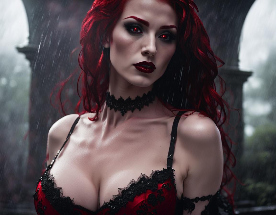 Gothic Vampire Portrait in Rainy Courtyard