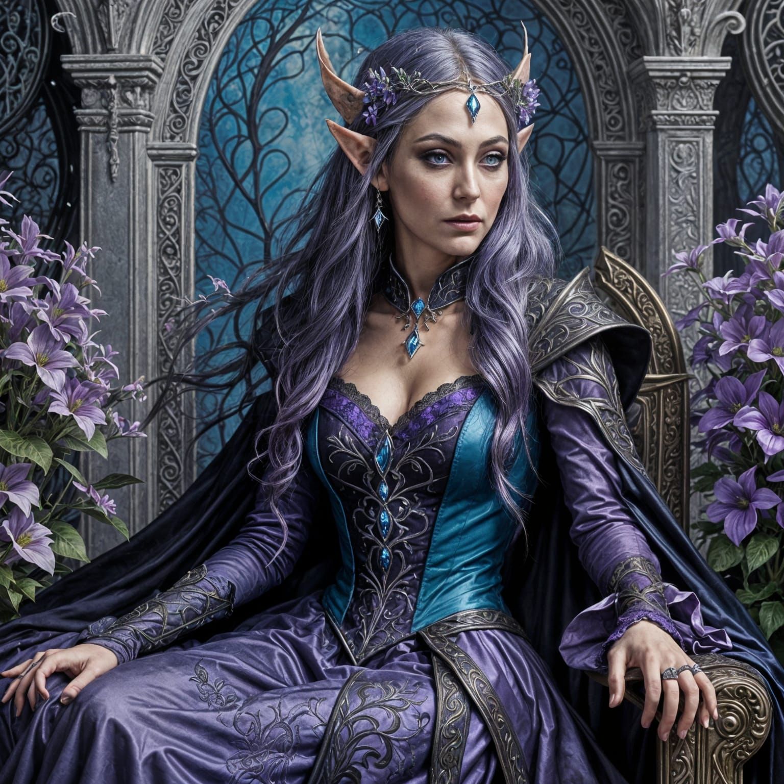 An elven queen sitting on her throne