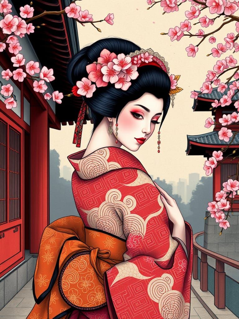 Geisha in Traditional Attire: A Vibrant Pop Art Rendition