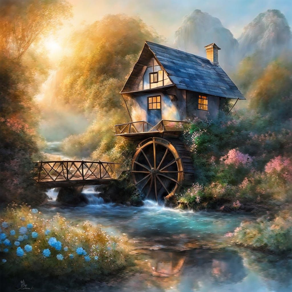 Enchanted Waterwheel Amidst Whimsical Forest