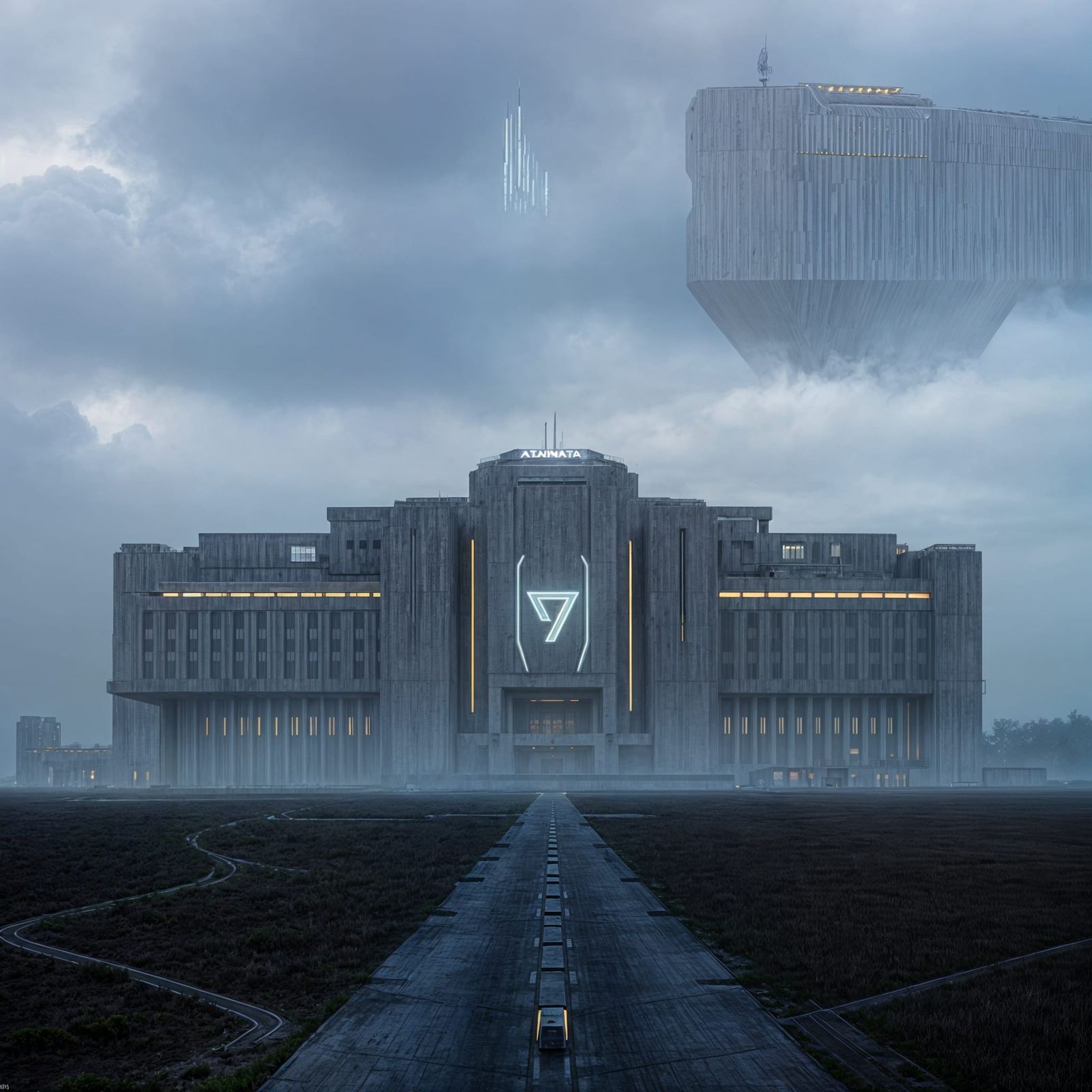 Futuristic Brutalist AI Military Academy in Overcast Landsca...