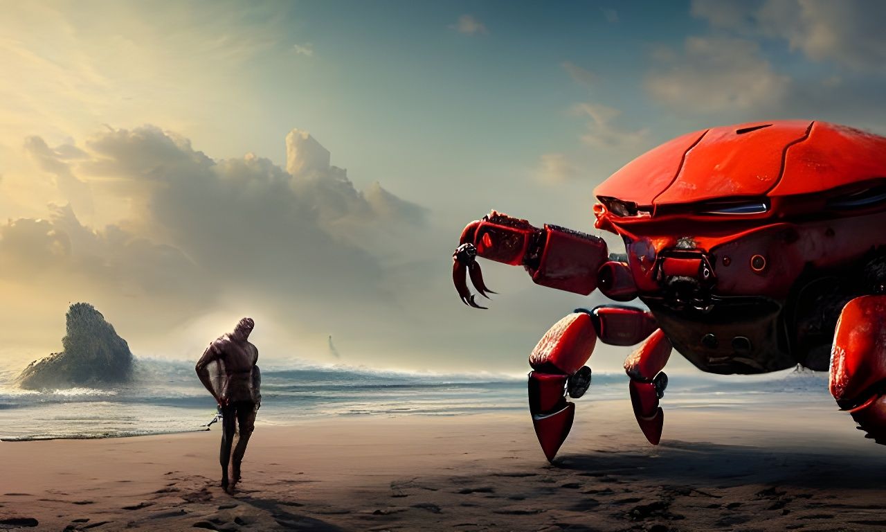 Gigantic Red Crab Mech on Sunny Beach