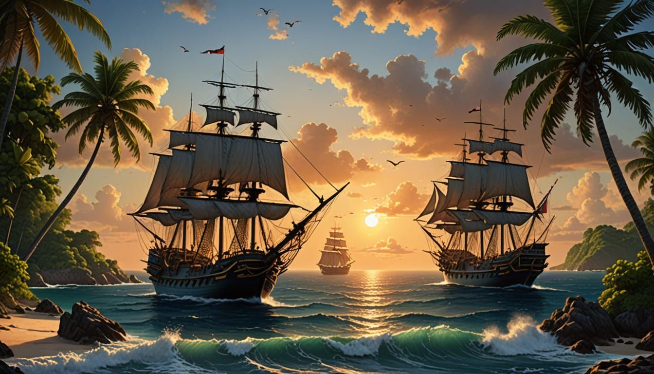 Luminous Sunset over a 17th Century Caribbean Pirate Haven