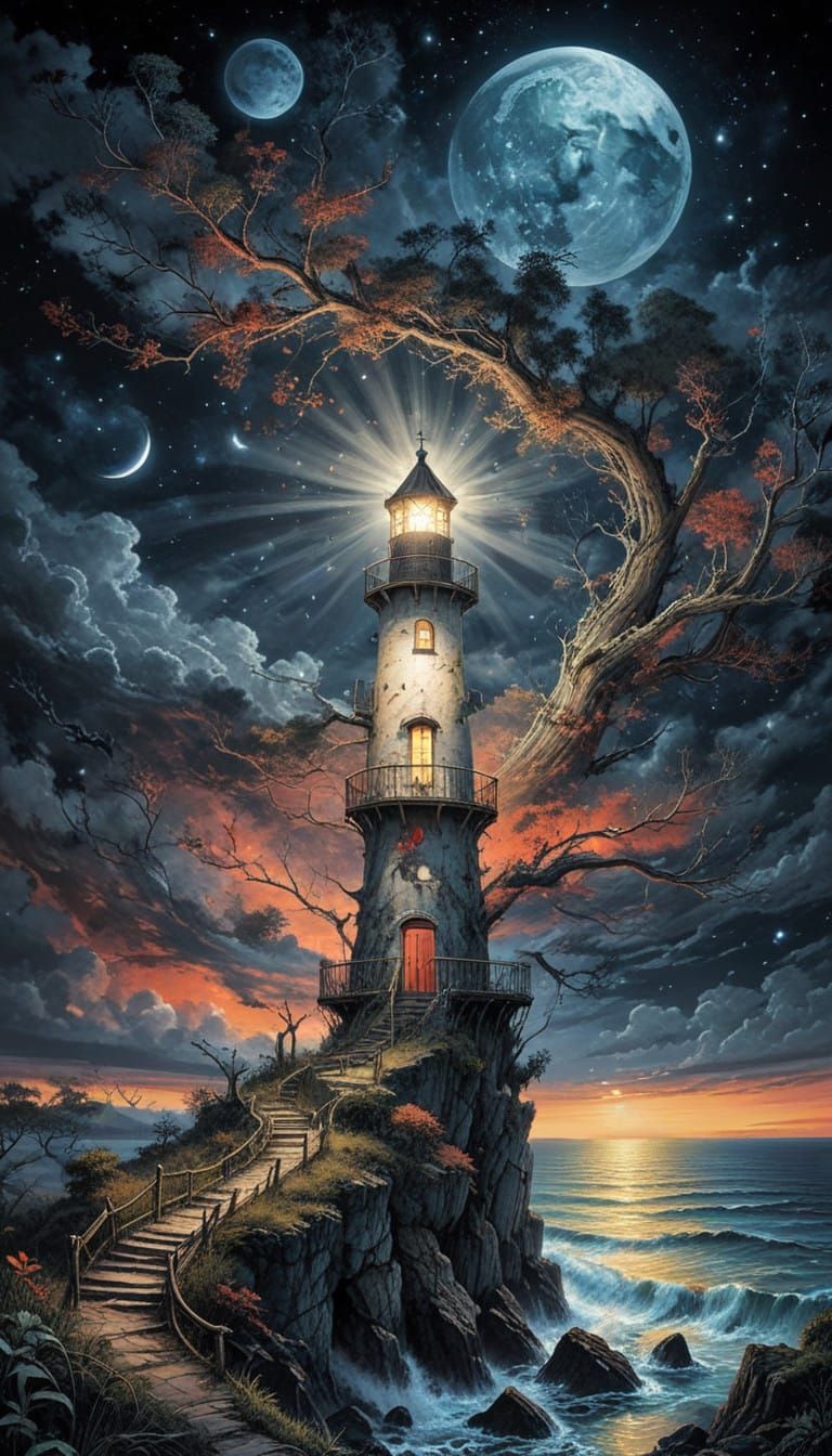 Whimsical Forest Ecosystem Under a Crimson Moon