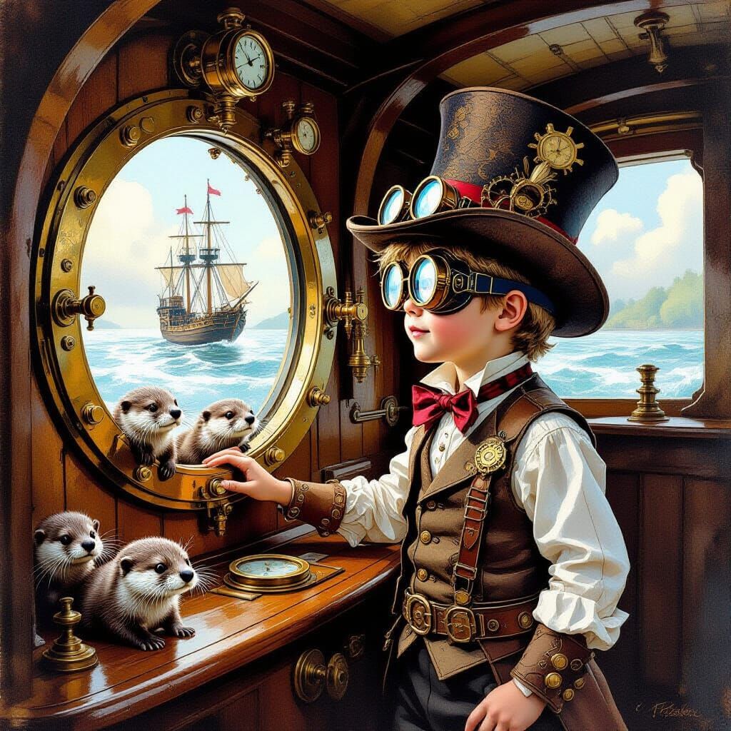 Steampunk Boy Gazes from Ship Deck with River Otters