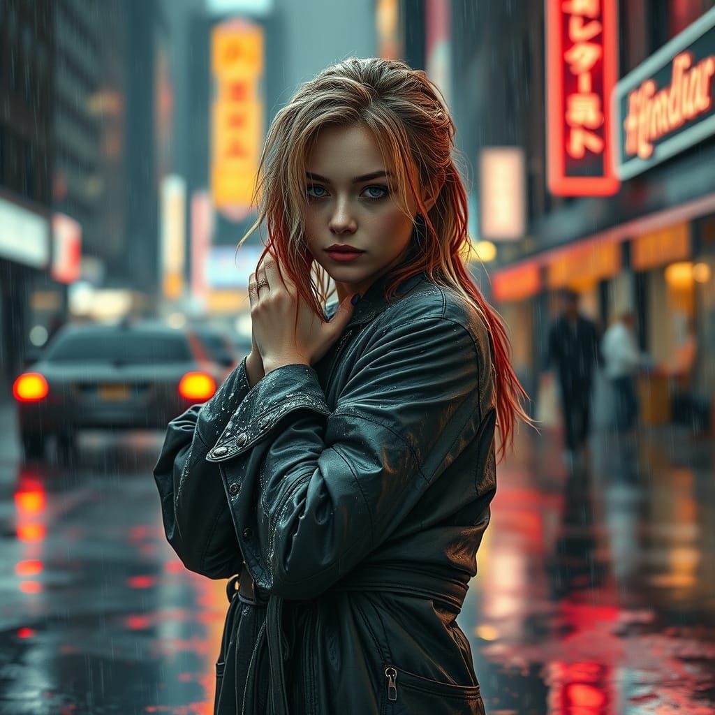 Woman in Rain: Hyperrealistic Cityscape with Neon Lights