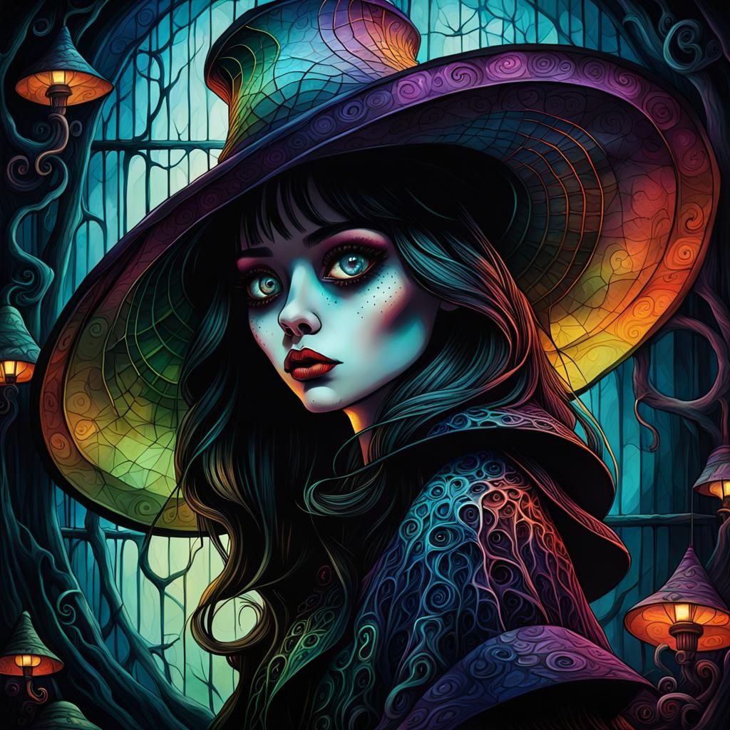 Eerie Gothic Woman with Oversized Hat in Alcohol Ink Style