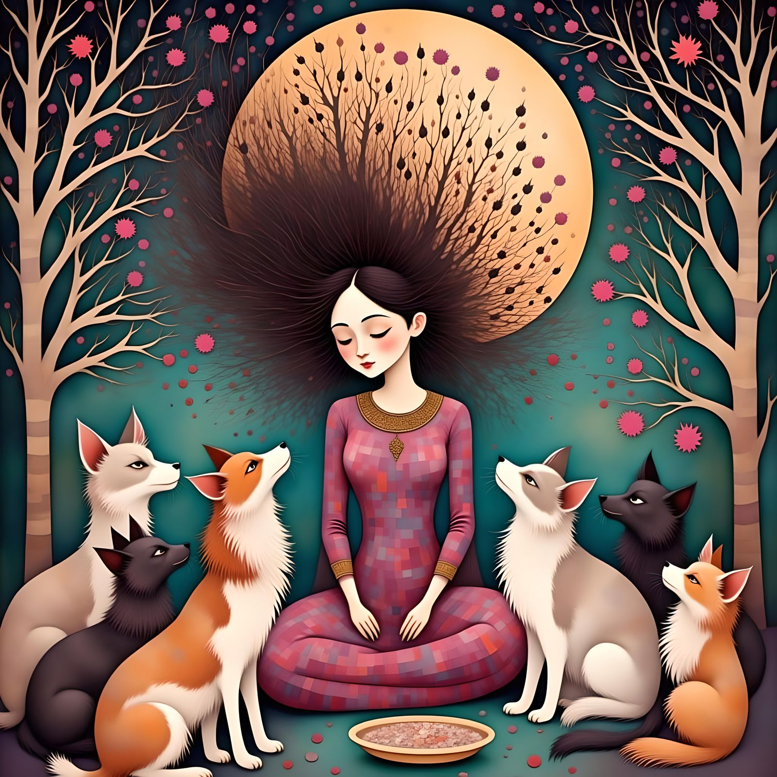 Whimsical Watercolor: Woman, Cats, and Dog