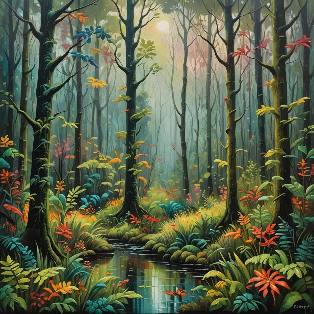 Mystical Forest Oil Painting in HDR Style