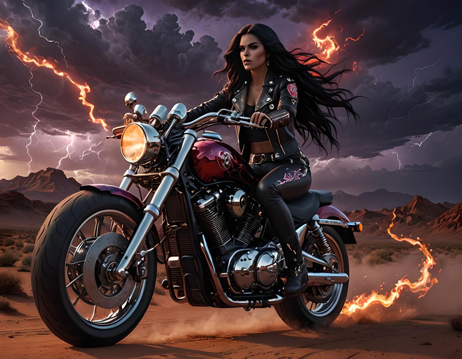 Woman on Motorcycle in Desert Night Sky
