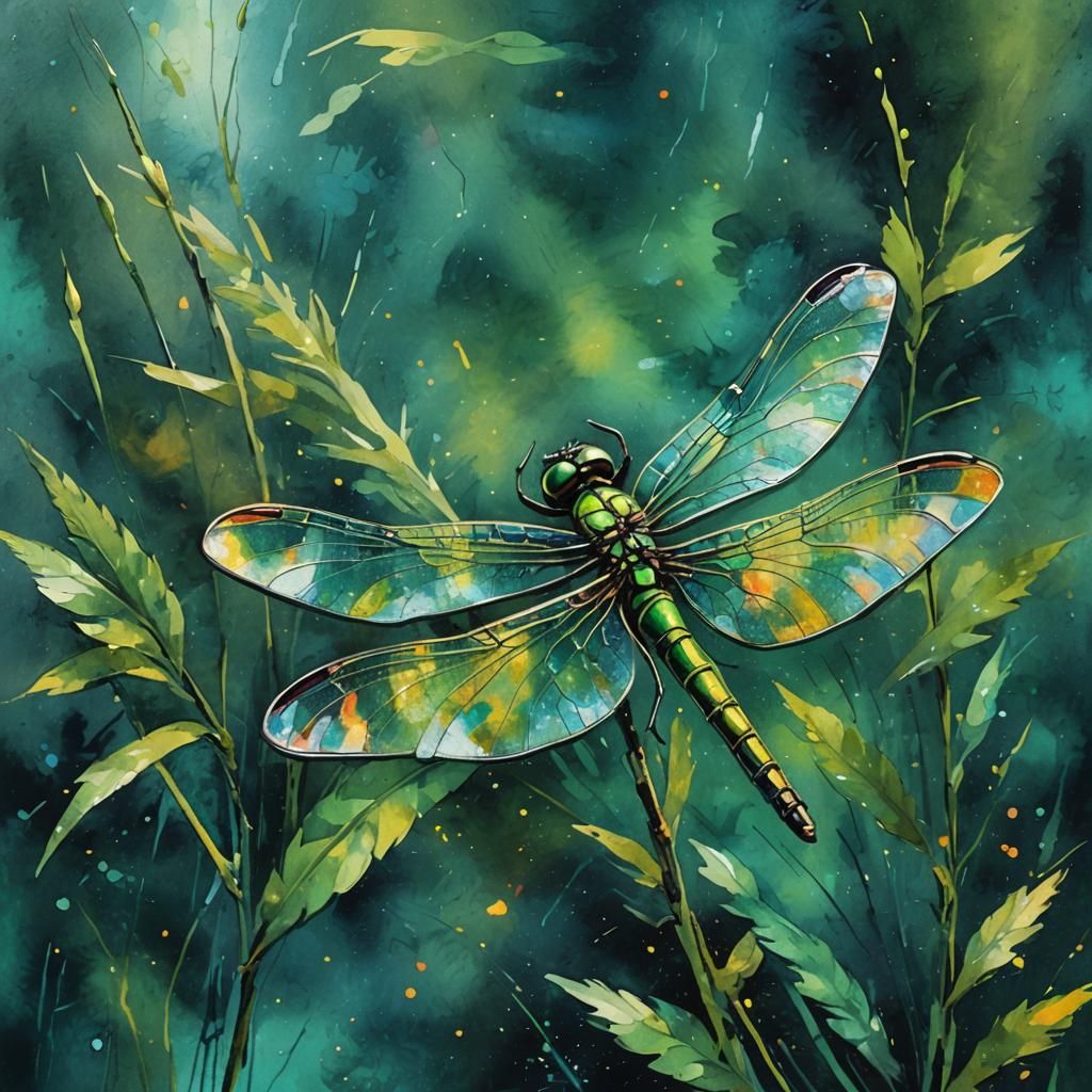 Iridescent Dragonfly in Gouache Style With Green Sparkles