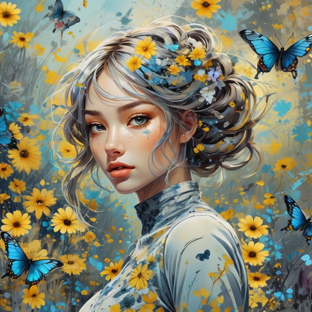 Beautiful Girl in Flower Field: Digital Art