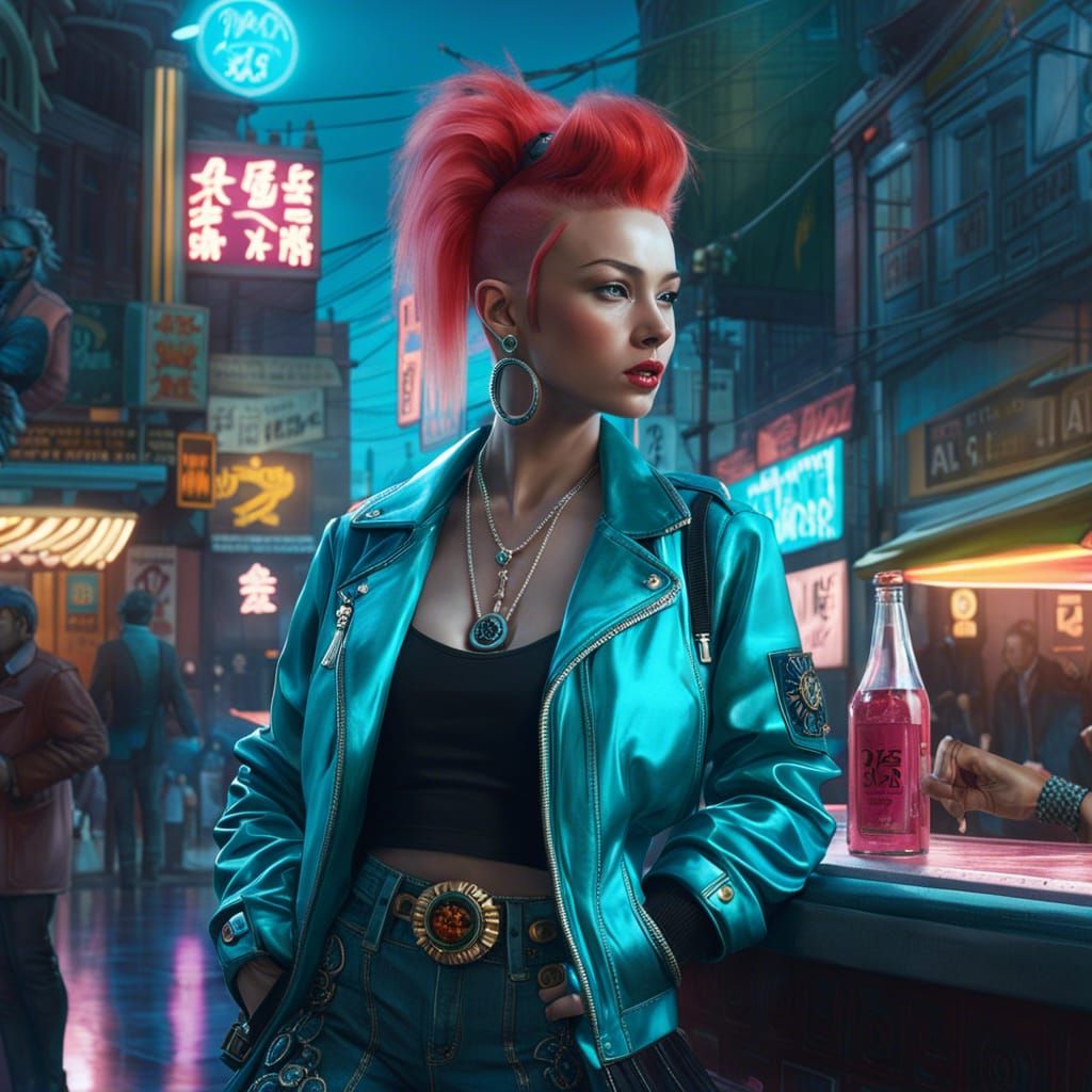 Aqua-Punk Ginger Girl Outside Nightclub in Photorealistic St...