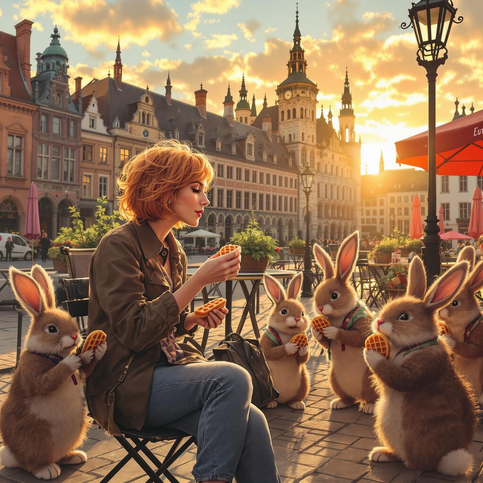 Leuven Town Hall at Sunrise with Whimsical Waffle Scene
